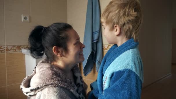 Woman Her Child Mother Talks Son Bathroom Boy Kid Wear — Stok Video
