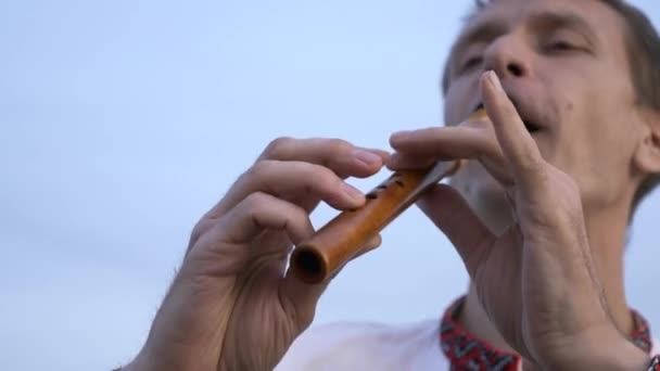 Músico Close Toca Flauta Madeira Natureza Enquanto Está Sentado Campo — Vídeo de Stock