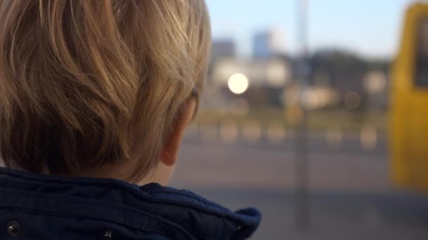 小さな子供はバス停で一人で立っている環境を観察する忙しい都市生活世界の交通車両 秋冬の服装 2倍スローモーション60 Fps — ストック動画