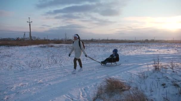 Mother Child Ride Sleigh Snow Walk Together Fresh Winter Air — ストック動画