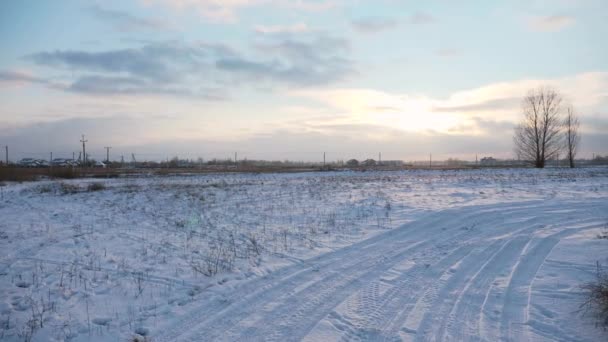 Bilspår Och Mänskliga Fotspår Snow Rural Road Fält Landsscenen Kallt — Stockvideo