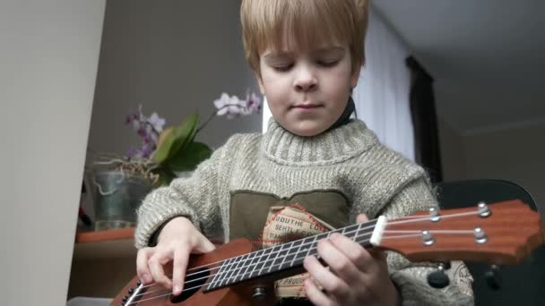 Little Boy Kid Play Ukulele Guitar Home Child Sings Plays — Stockvideo