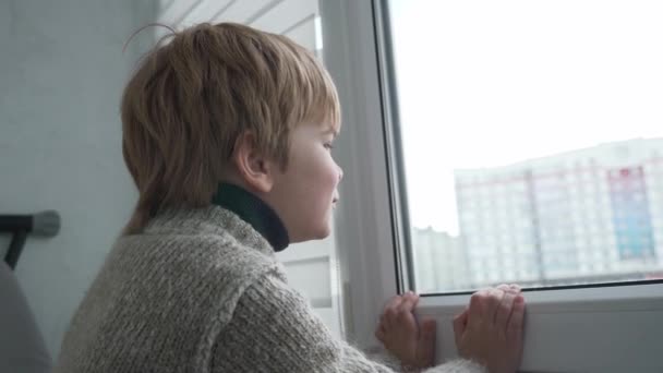 Little Boy Kid Looks Out Window City Life Cute Child — Stock Video