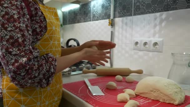 Young Female Housewife Cooking Kitchen Woman Making Buns Pies Slow — Vídeos de Stock