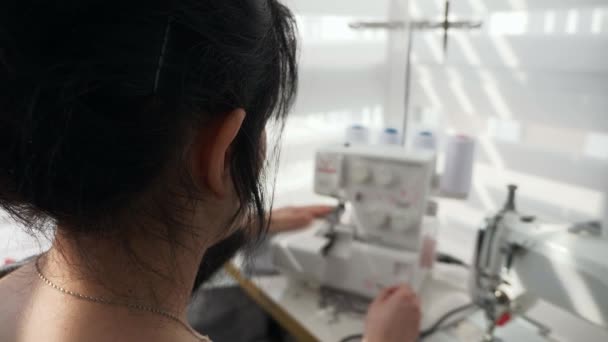 Woman Sew Working Electric Sewing Machine Female Seamstress Work Home — Video