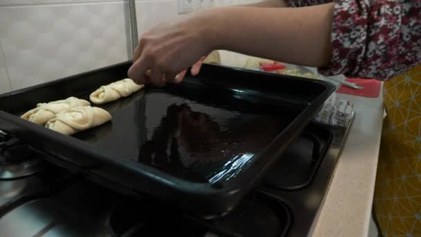 Young Female Housewife Cooking Kitchen Woman Making Buns Pies Slow — Vídeos de Stock