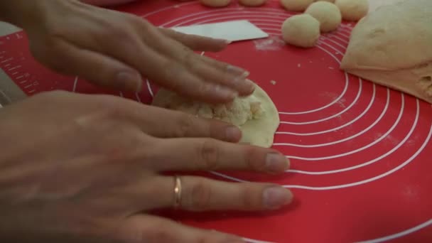 Young Female Housewife Cooking Kitchen Woman Making Buns Pies Slow — Vídeos de Stock