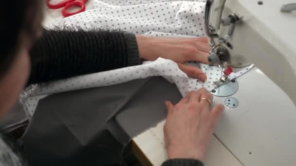 Woman Sew Working Electric Sewing Machine Female Seamstress Work Home — Vídeos de Stock