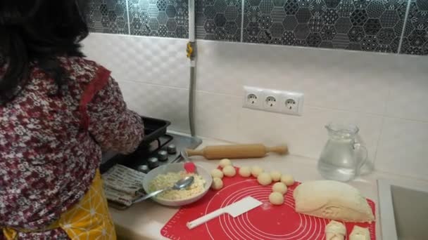Young Female Housewife Cooking Kitchen Woman Making Buns Pies Slow — Stock video