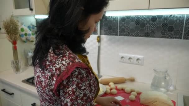 Young Female Housewife Cooking Kitchen Woman Making Buns Pies Slow — ストック動画