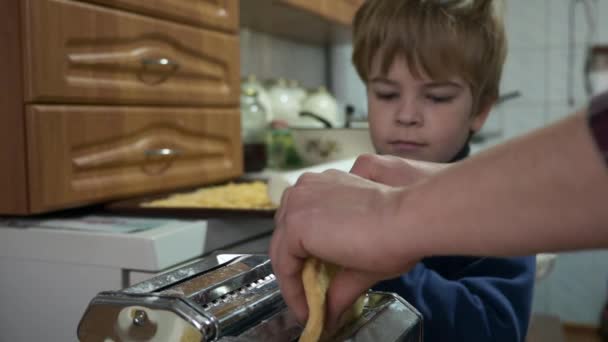 Little Boy Helps Mother Producing Pasta Vermicelli Spaghetti Woman Child — стокове відео