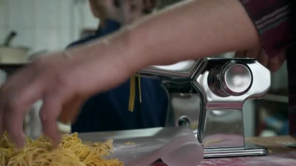 Little Boy Helps Mother Producing Pasta Vermicelli Spaghetti Woman Child — 图库视频影像