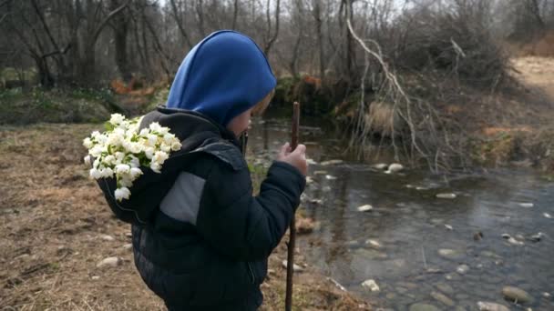 Child Kid Stands Gathered Snowdrop Flowers River Stream Spring Season — Stock Video