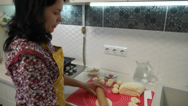 Young Female Housewife Cooking Kitchen Woman Making Buns Pies Slow — Stok video