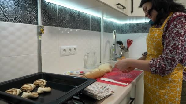 Young Female Housewife Cooking Kitchen Woman Making Buns Pies Slow — Vídeos de Stock