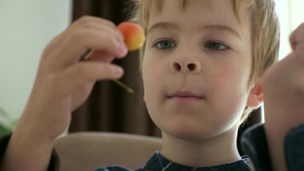 Close Lindo Niño Niño Disfrutar Comer Dulce Cereza Fruta Comida — Vídeos de Stock