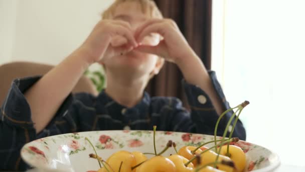 Şirin Küçük Bir Oğlan Çocuğu Kirazlı Meyveli Mutfak Yemekleri Yemek — Stok video