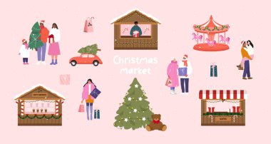 Noel pazarı. İnsanlar Noel hediyesi alır. Vektör