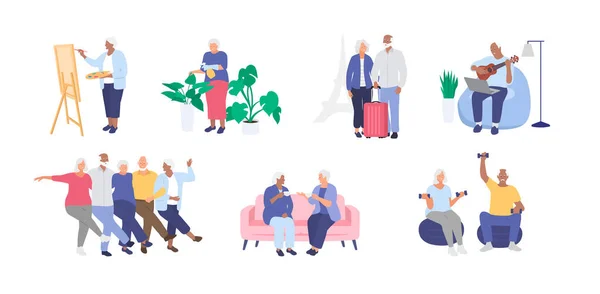 Seniors, elderly people having fun together. Healthy and active lifestyle. Hobby. Grandmother and grandfather. Vector — Image vectorielle