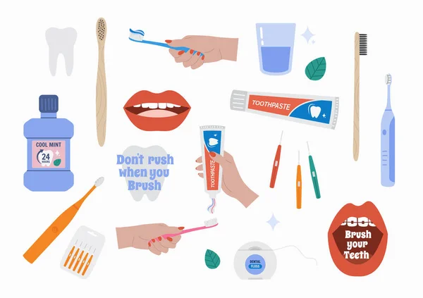 Mouthwash hand drawn illustrations set. Toothbrush, toothpaste, dental floss. Dental care. Vector — Image vectorielle