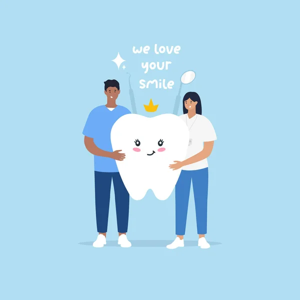 Dental Care. Dentists holding tooth. Cute teeth. Vector — Image vectorielle