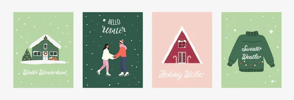 Conjunto de tarjetas de Navidad. Dibujado a mano Navidad, Año Nuevo, Ilustraciones de invierno. Vector — Vector de stock