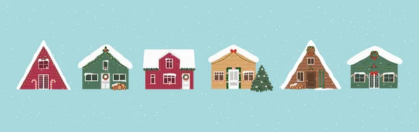 Bonito Natal e casas de inverno. Decorações de Natal ao ar livre. Ano Novo. Vetor —  Vetores de Stock