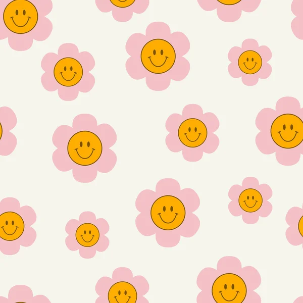 Niedliche lächelnde Blumen. Nahtloses Muster. Rosa und gelb. Vektor — Stockvektor
