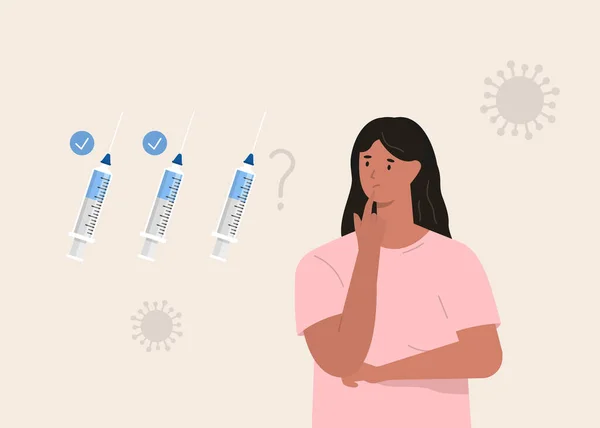 Covid 19 vaccinatie. Een vrouw die aan een herhalingsdosis denkt. Vector — Stockvector