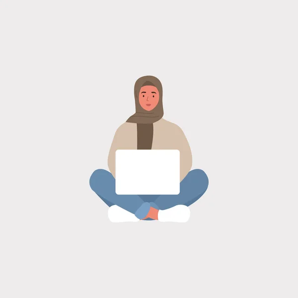 Giovane donna musulmana seduta con computer portatile. Isolato. Vettore — Vettoriale Stock