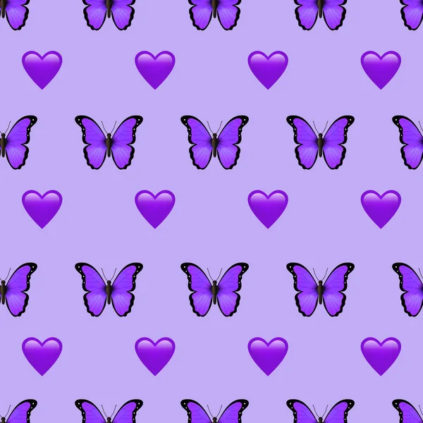 Бабочка и сердце. Бесшовный шаблон. Фиолетовый фон. Вектор — стоковый вектор