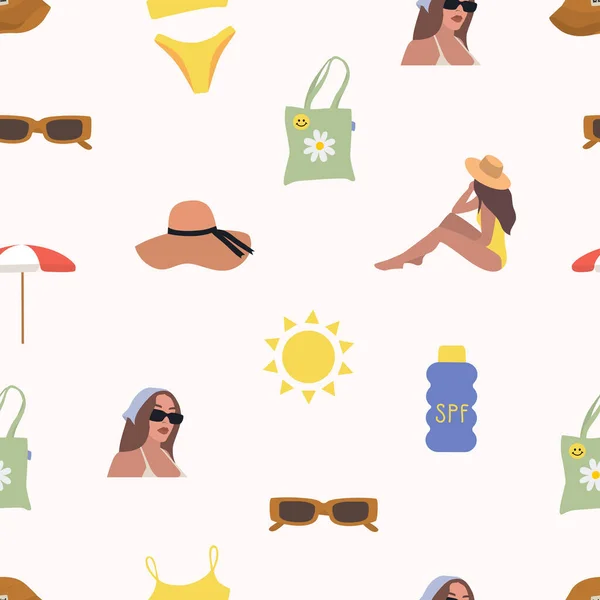 Summer Fun Seamless Texture Pattern Sunscreen Beach Umbrella Hat Women —  Vetores de Stock