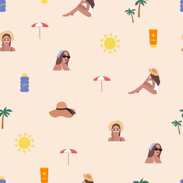 Summer Fun Seamless Texture Pattern Sunscreen Beach Umbrella Hat Women — Vetor de Stock