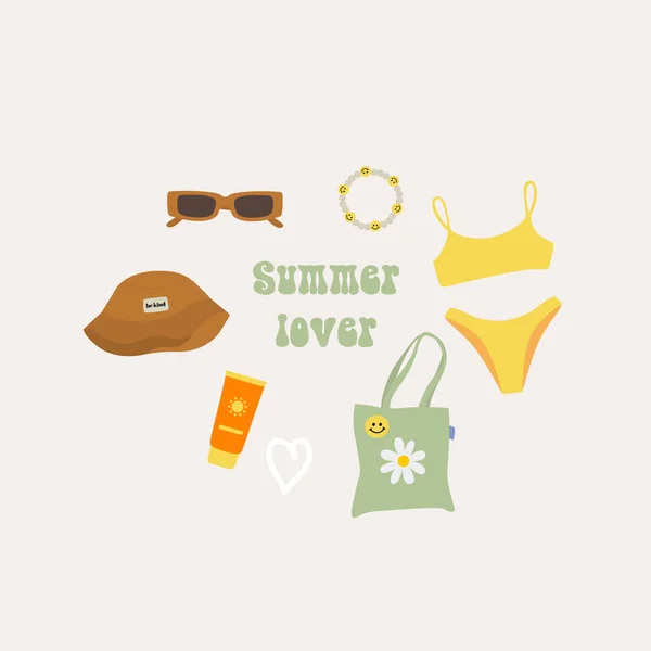 Sommerliebhaber Sonnencreme Hut Sonnenbrille Badeanzug Tragetasche Sommermode Vector Illustration — Stockvektor