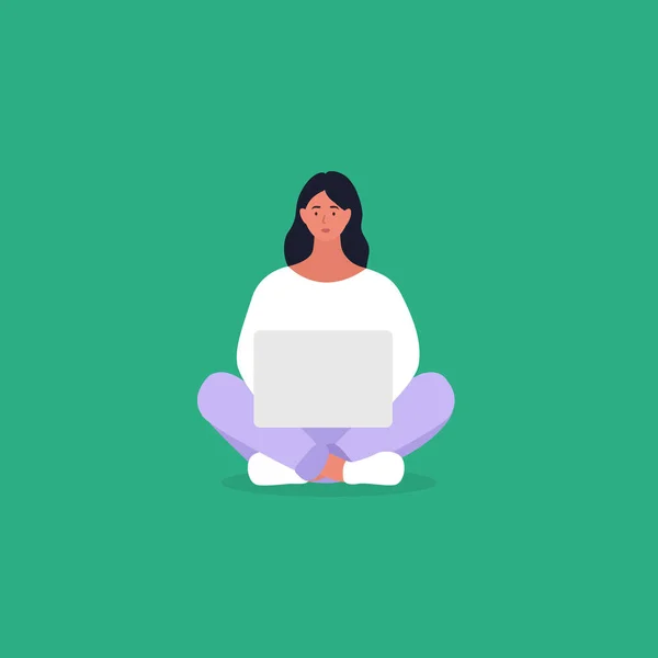 Woman Sitting Laptop Student Learning Freelancer Vector Illustration — Stok Vektör