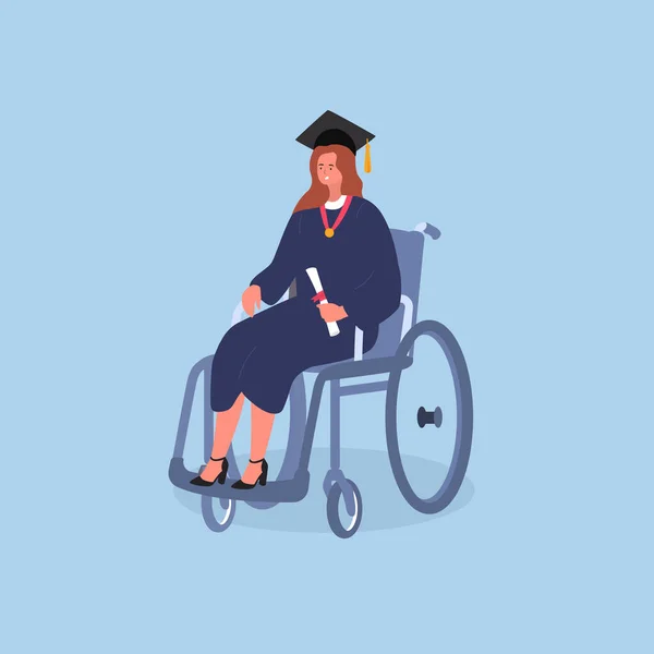 Genç Kadın Tekerlekli Sandalyede Oturuyor Mezuniyet Öğrencisi Vektör Illüstrasyonu — Stok Vektör