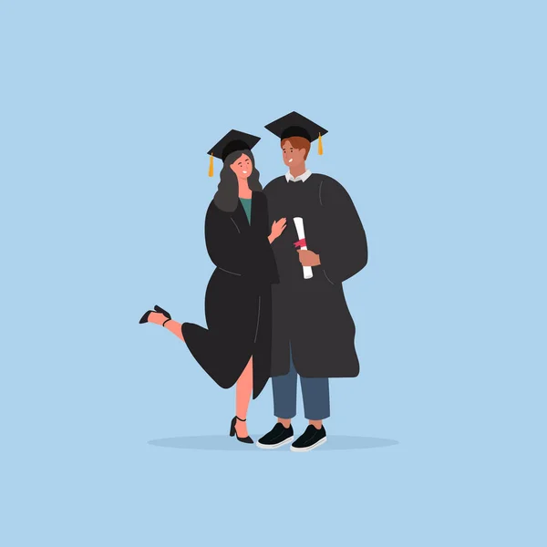 Graduated Students Couple Students Celebrating Graduation Man Woman Vector Illustration — Vetor de Stock