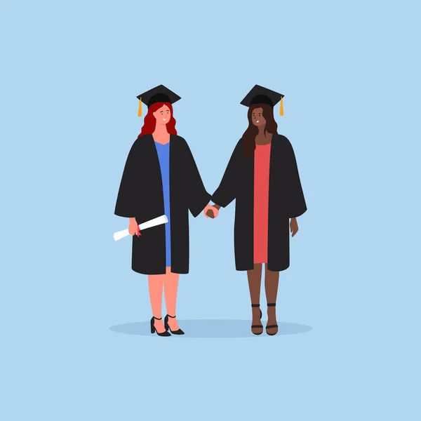 Graduated Students Holding Hands Girls Wearing Academic Gown Hat Flat — Stok Vektör