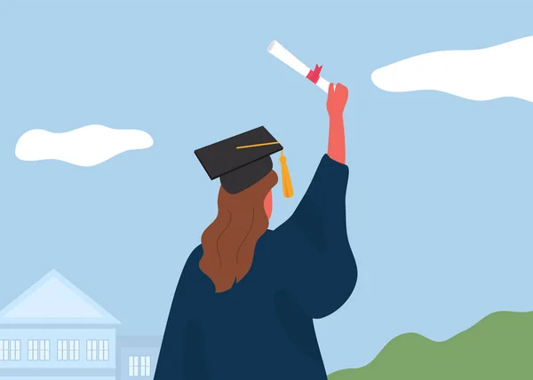 Graduation Student Young Woman Holding Diploma Vector Illustration — Vetor de Stock