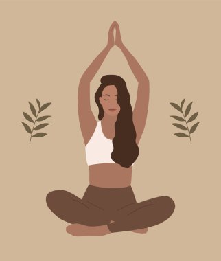 Woman meditating. Boho style minimal illustration. Mindfulness. Vector illustration