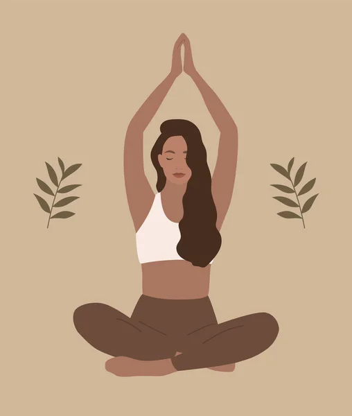 Woman Meditating Boho Style Minimal Illustration Mindfulness Vector Illustration — Image vectorielle
