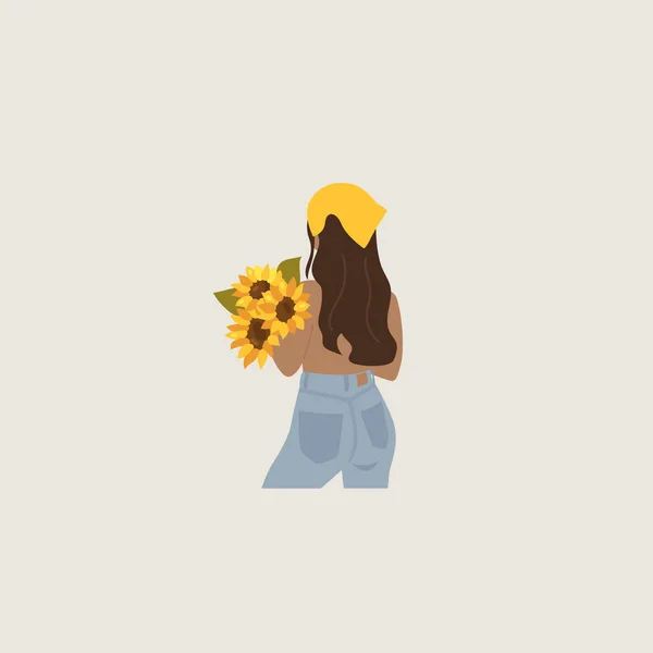 Sunflower Bouquet Summer Dress Hair Bow Vector Illustration — Vetor de Stock