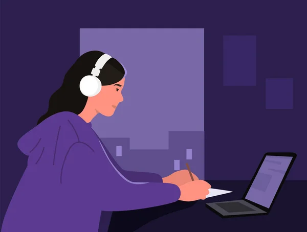 Girl Working Late Night Studying Woman Headphones Laptop Vector Illustration — Stock Vector