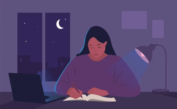 Girl Working Late Night Studying Woman Headphones Laptop Vector Illustration — Vettoriale Stock