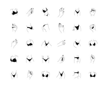 Line art. 30 Naked female body icons. Sexy woman silhouette. Vector illustration