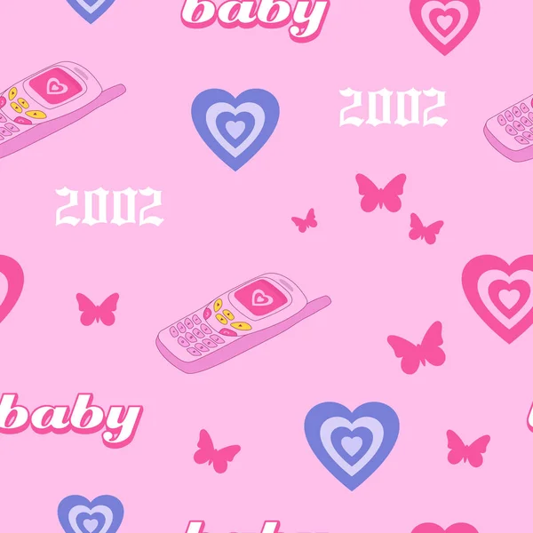 Y2K Seamless Pattern Old Phone 2000S Hearts Butterfly Vector Illustration — Wektor stockowy