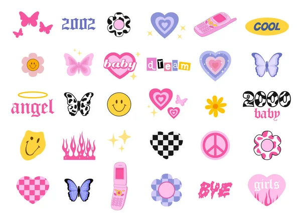 Y2K Style Icons Glamorous Trendy Doodles Set 90S 2000S Style — 스톡 벡터