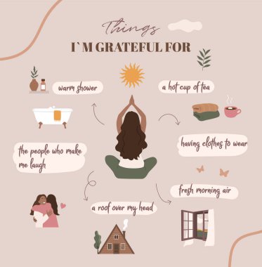 Minnettar olduğum şeyler. Psikoloji. Farkındalık. Minnettarlık Vektörü illüstrasyonu