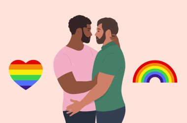 Aşık eşcinsel çift. Eşcinsel sakallı erkekler sarılıyor. LGBT. Vektör illüstrasyonu