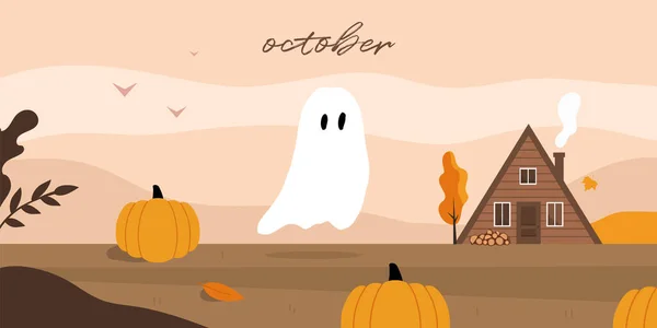 Flying Ghost October Autumn Fall Landscape Cute House Vector Illustration — Stock Vector